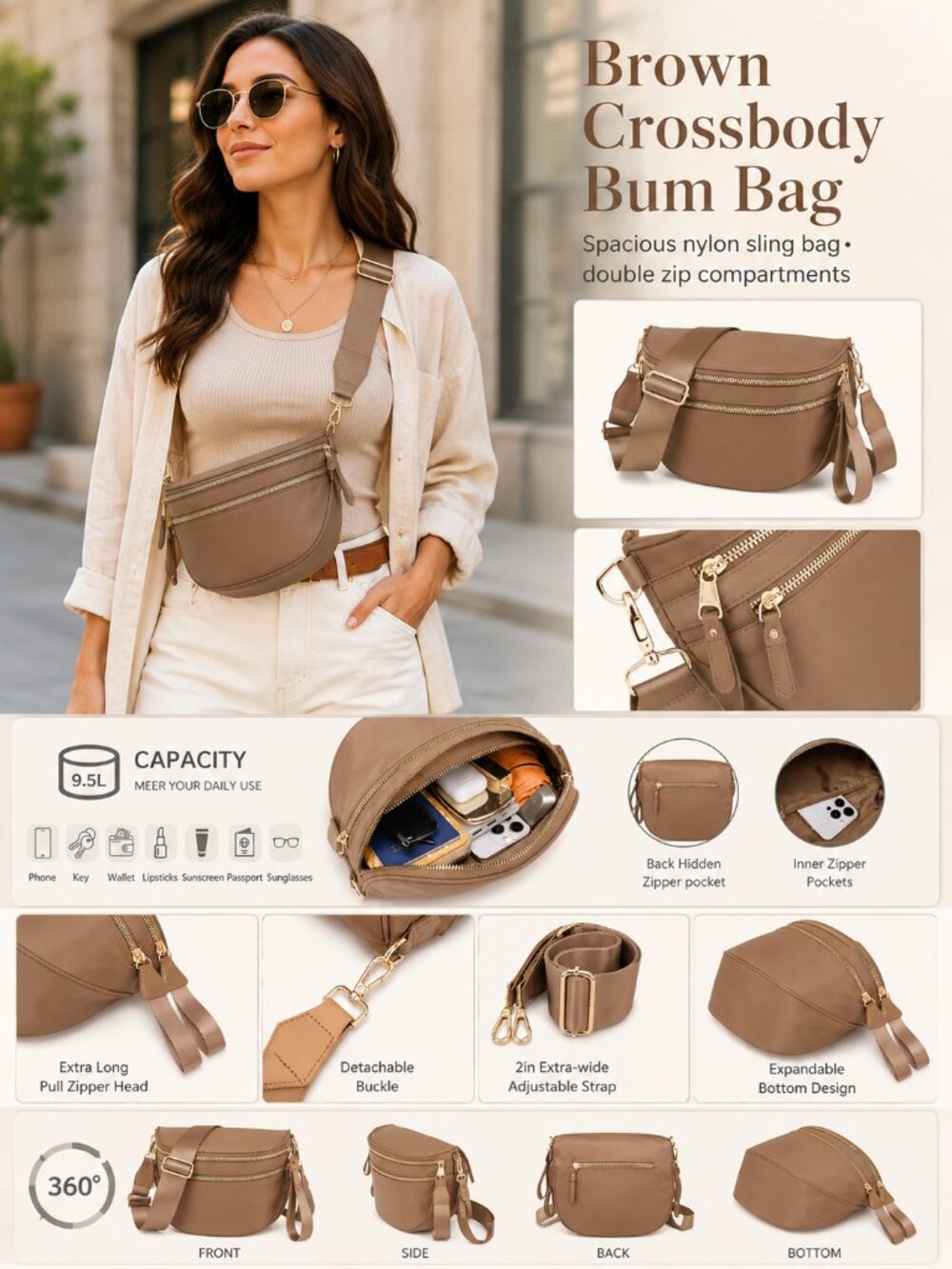Brown Nylon Crossbody Bum Bag Spacious Double Zip Fanny Pack Travel Sling Bag